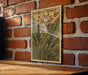 A vintage-style postage stamp featuring a turmeric flower is displayed on a brick wall.