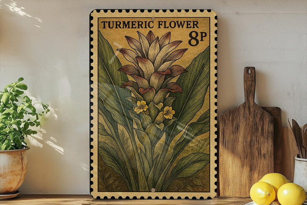 A framed illustration of a turmeric flower on a shelf, with a wooden cutting board and a potted plant nearby.