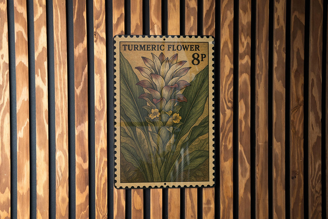 A vintage postage stamp featuring a turmeric flower is displayed on a wooden wall.
