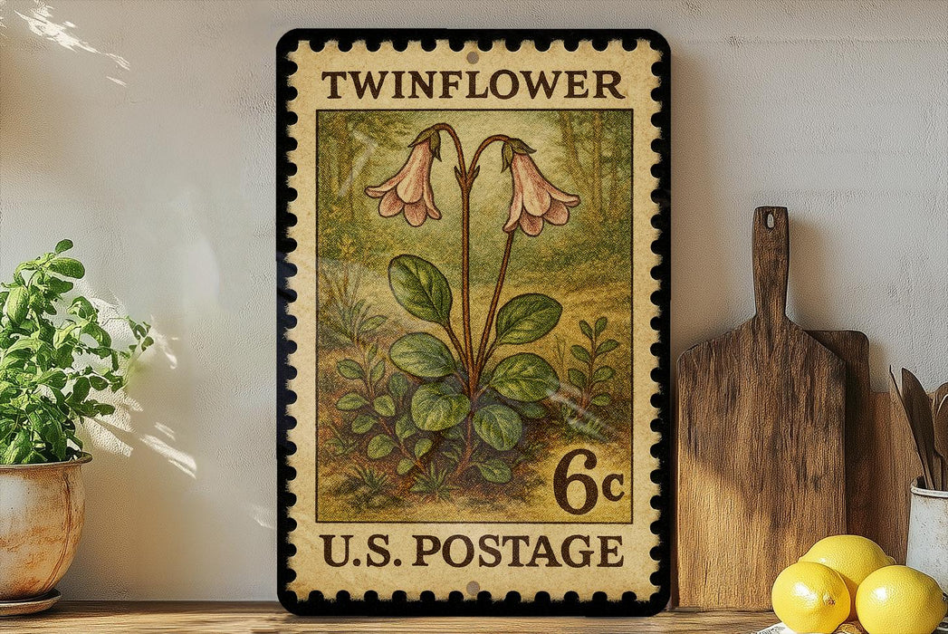 A vintage-style postage stamp featuring a floral illustration, placed on a wooden surface next to a wooden cutting board and some potted plants.