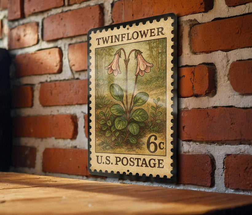 A vintage-style postage stamp featuring a pink flower on a brick wall.