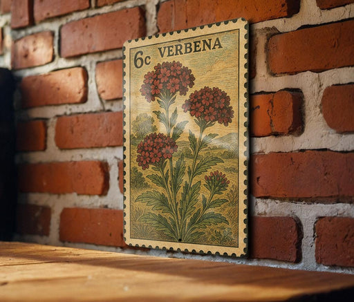 a vintage-style postage stamp with a floral design, mounted on a brick wall.