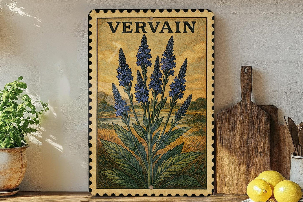 a framed illustration of blue flowers on a shelf, with a wooden cutting board and a potted plant to the left.