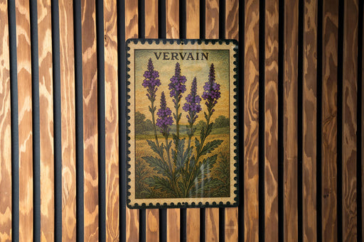 a framed illustration of purple flowers on a wooden wall.