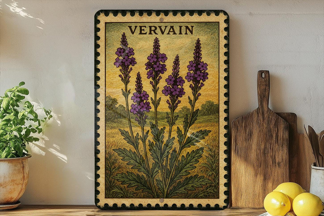a framed illustration of purple flowers on a wooden shelf, with a wooden cutting board and a potted plant nearby.