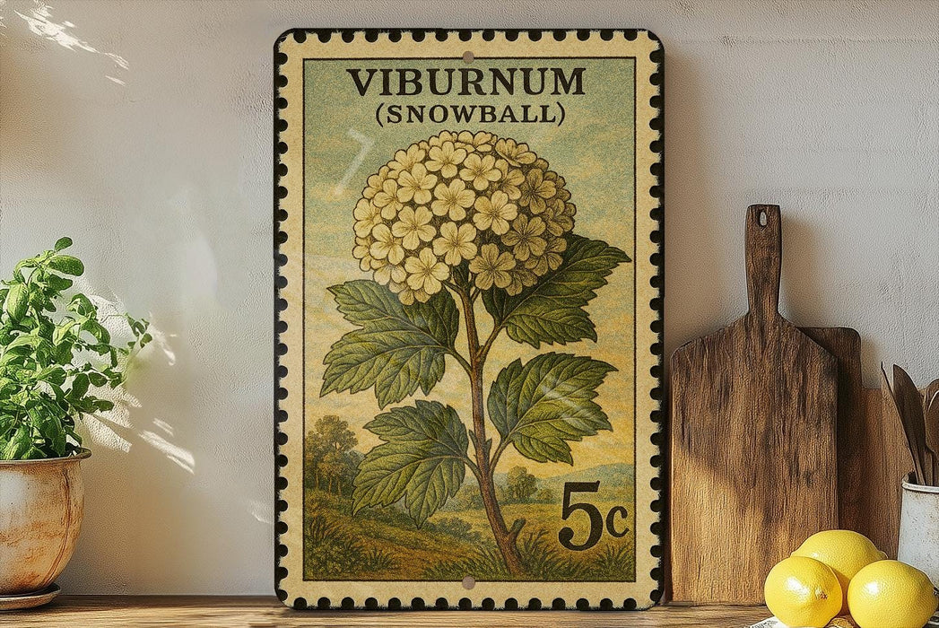a vintage-style stamp depicting a snowball plant, with a wooden cutting board and lemons visible in the foreground.