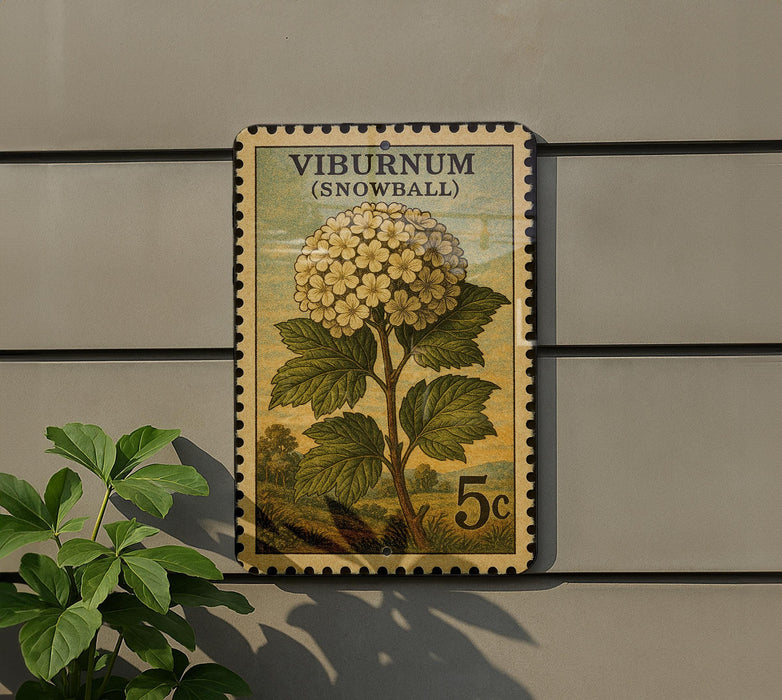 A postage stamp featuring a snowball plant, with the text "VIBURNUM (SNOWBALL)" and the denomination "5c".