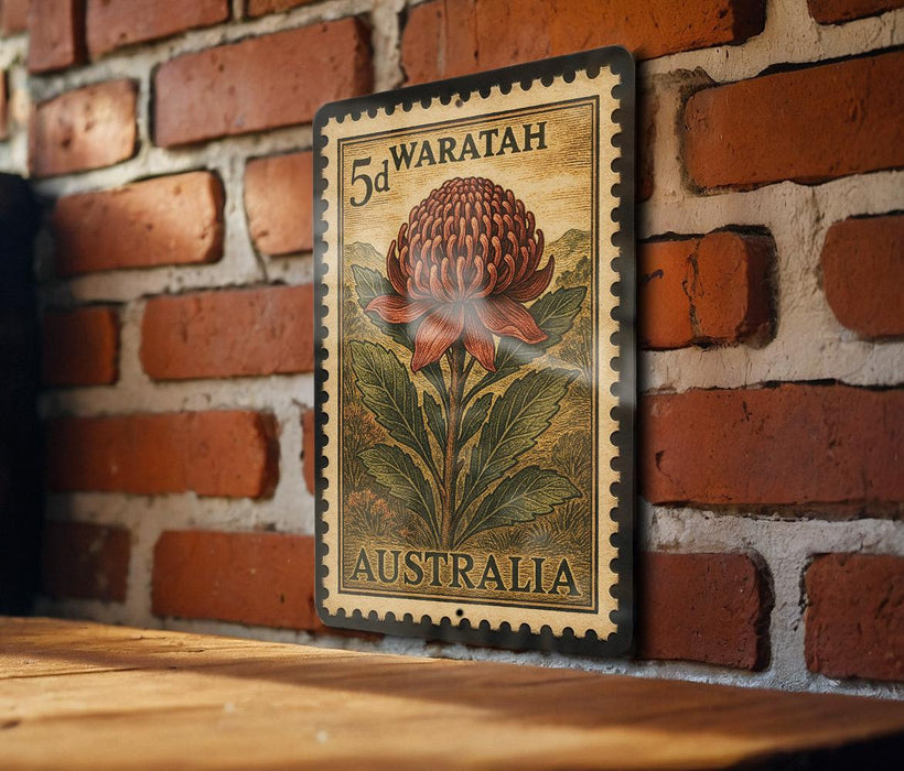 A vintage Australian postage stamp featuring a large red flower against a brick wall background.
