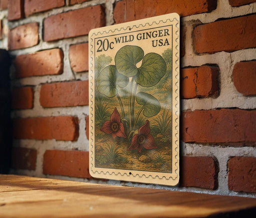 A 20c wild ginger stamp from the United States is displayed on a brick wall, featuring a detailed illustration of the plant.