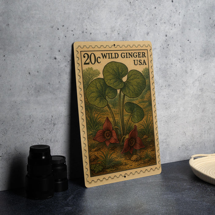 A 20c US postage stamp featuring a wild ginger plant with red flowers, placed on a table next to some black camera lenses.