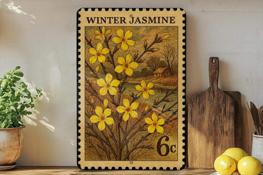 A framed print of a yellow flower design is displayed on a shelf, surrounded by kitchen utensils and a potted plant.