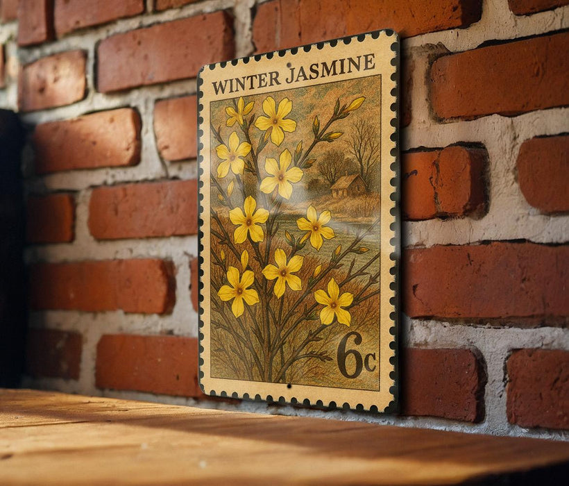 A vintage-style postage stamp featuring a floral design with yellow flowers, mounted on a brick wall.