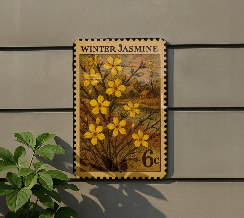 A vintage-style postage stamp featuring a floral design with yellow flowers, mounted on a wall next to a plant.