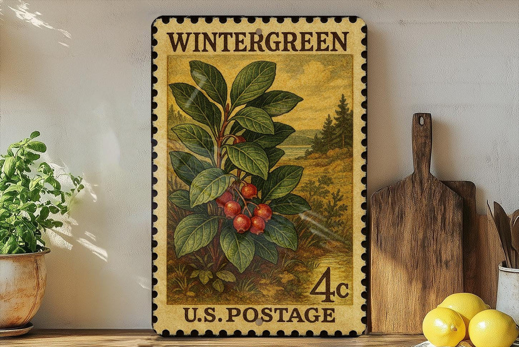 A vintage-style postage stamp depicting a plant with red berries, placed on a shelf next to a wooden cutting board and some potted plants.