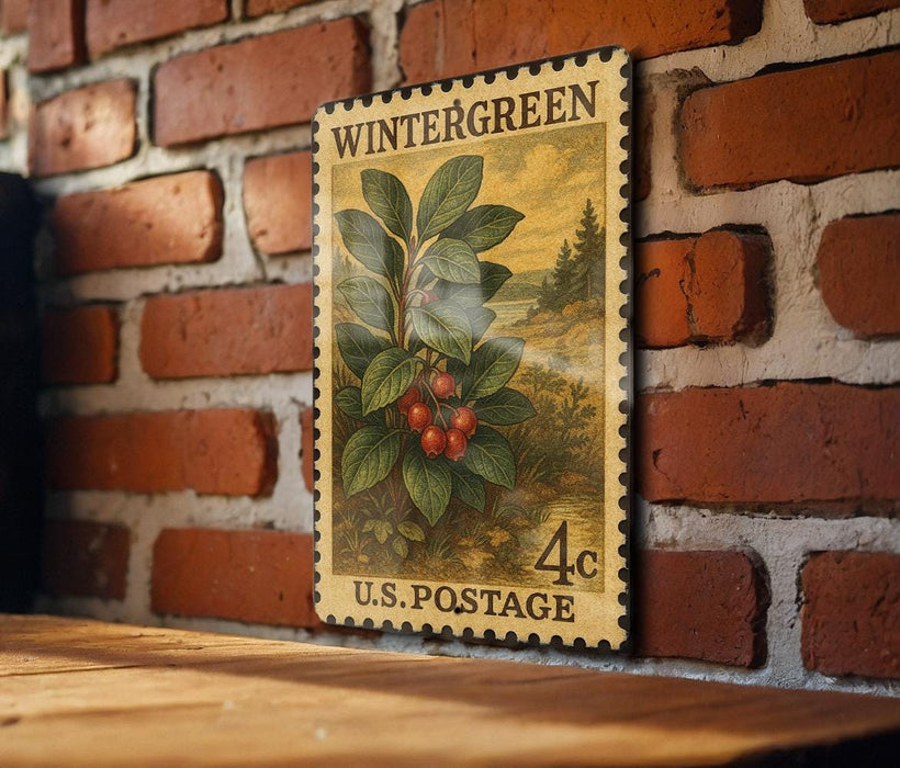 A vintage U.S. postage stamp featuring a plant with red berries is displayed on a brick wall.