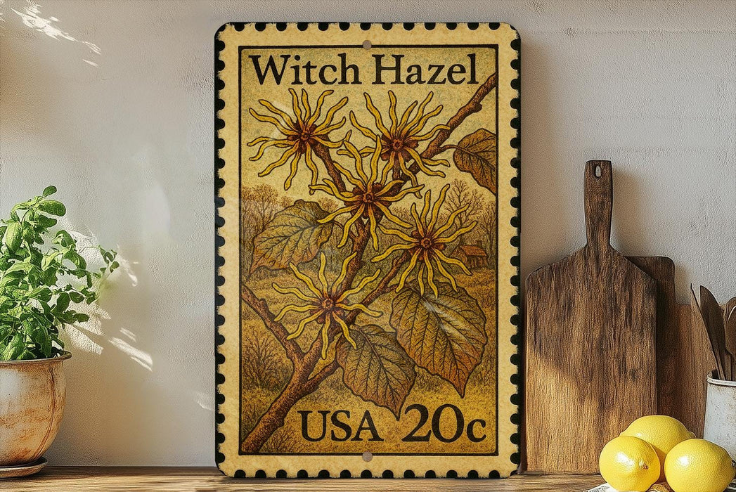 A metal stamp with a floral design and text, placed on a shelf next to a wooden cutting board and a potted plant.