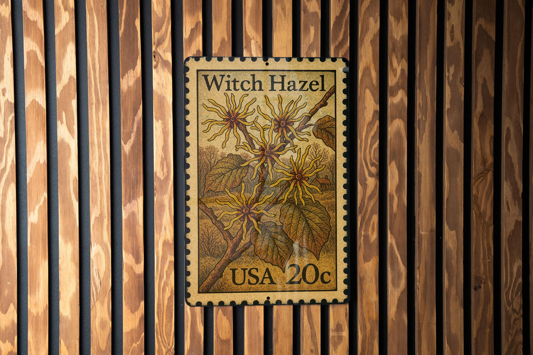 A United States postage stamp featuring a witch hazel plant, mounted on a wooden wall.