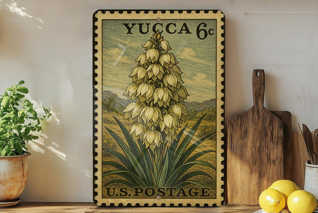 A vintage postage stamp featuring a tall flower with yellow petals, displayed on a shelf next to a wooden cutting board and a potted plant.