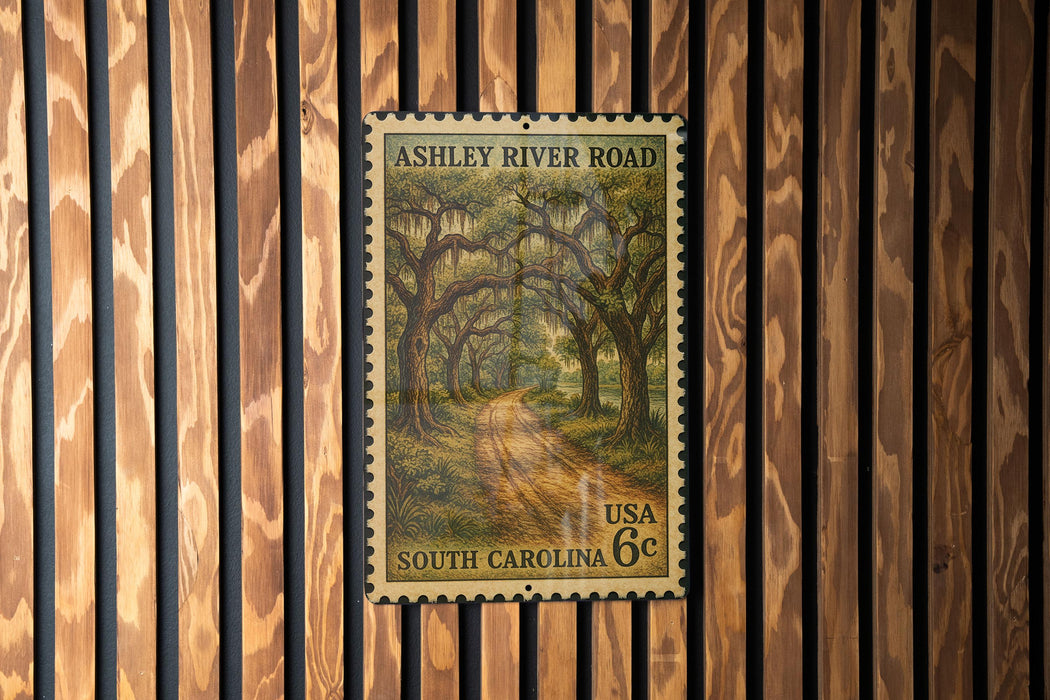A vintage US postage stamp from South Carolina, featuring a scenic road lined with trees and a path leading through the wooded area.