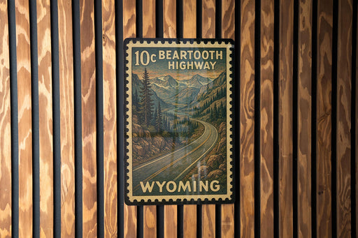 A vintage-style postage stamp depicting a scenic highway in Wyoming, mounted on a wooden wall.