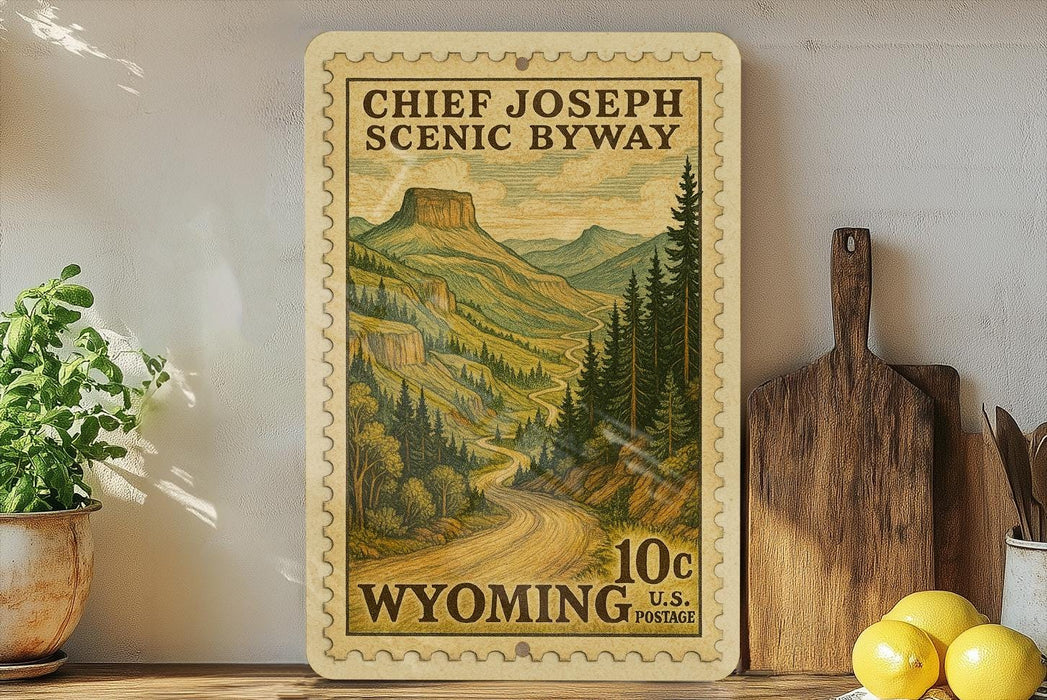 A framed postcard depicting the scenic beauty of Chief Joseph Scenic Byway in Wyoming, with a mountain landscape and winding road.