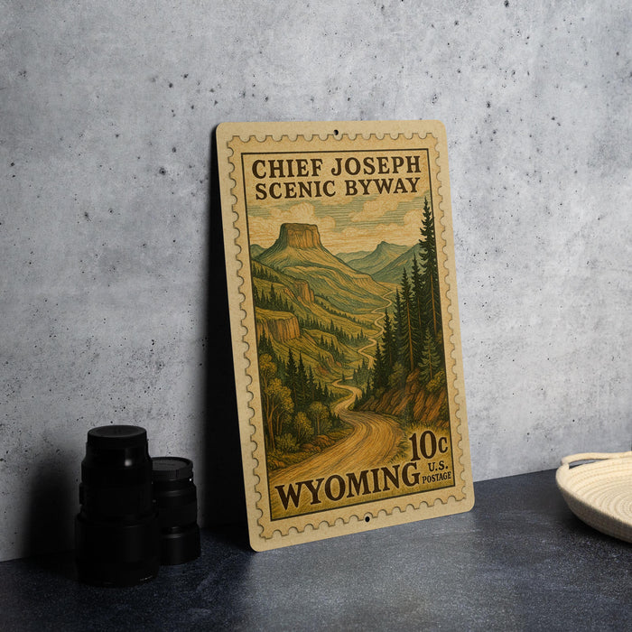 A vintage postage stamp depicting a scenic mountain landscape, with the text "CHIEF JOSEPH SCENIC BYWAY" and "WYOMING 10¢ U.S. POSTAGE".