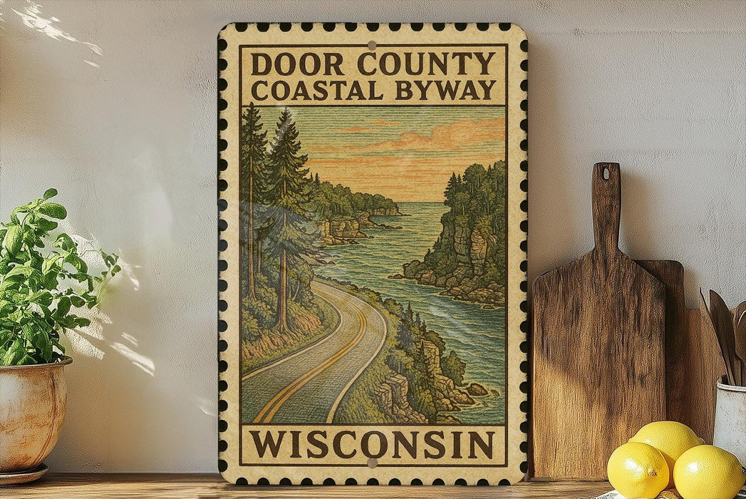 a framed vintage-style poster of Door County, Wisconsin, with a scenic coastal highway and landscape. The poster is displayed on a shelf next to a wooden cutting board and a potted plant.