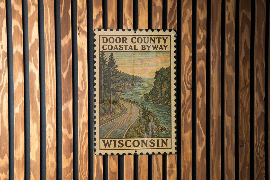 A framed poster of a coastal road in Wisconsin, with a scenic landscape of trees, water, and a winding road.