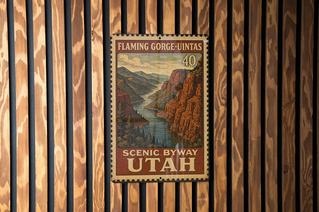 A framed vintage postage stamp depicting a scenic view of Flaming Gorge-Uintas, with the text "Scenic Byway Utah" printed on it.