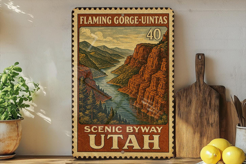 A framed vintage-style poster of Flaming Gorge-Uintas, a scenic byway in Utah, is displayed on a shelf next to a wooden cutting board and some lemons.