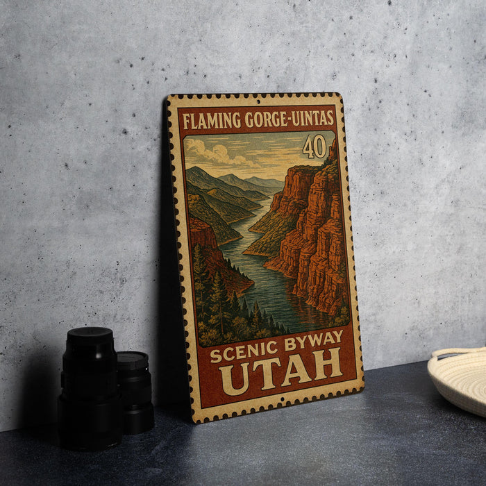 A vintage-style metal sign depicting the Flaming Gorge-Uintas Scenic Byway in Utah, with a mountain landscape and a river.