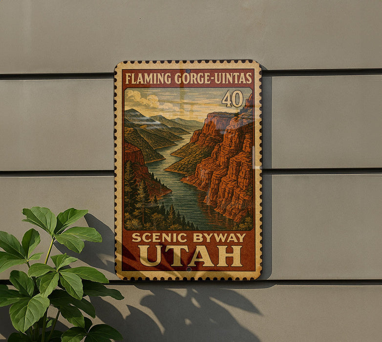 A framed vintage postage stamp depicting a scenic mountain landscape with a river, hanging on a wall next to a plant.