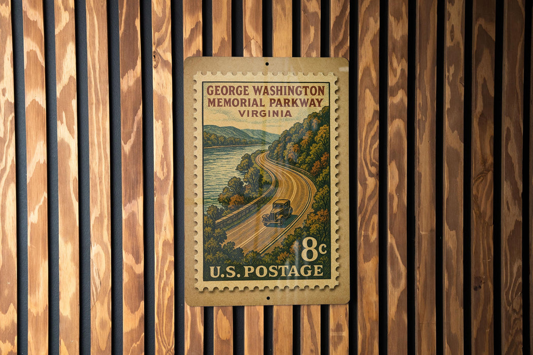A vintage U.S. postage stamp from George Washington Memorial Parkway, Virginia, featuring a scenic road winding through a forested area.