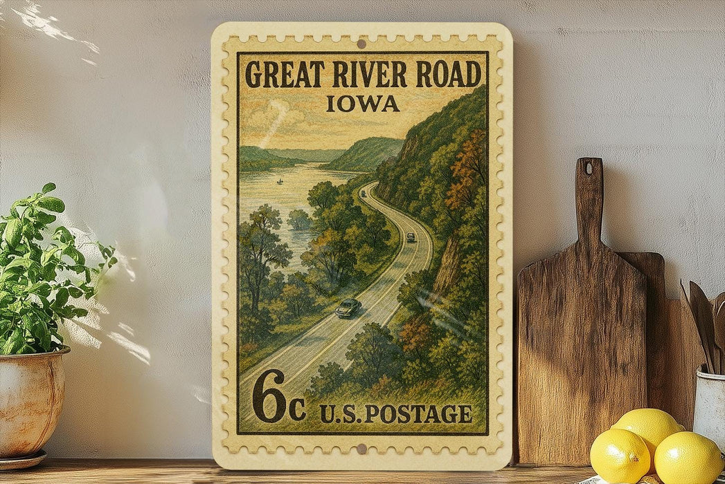 A framed postage stamp depicting a scenic road through Iowa, with a river and lush greenery in the background.