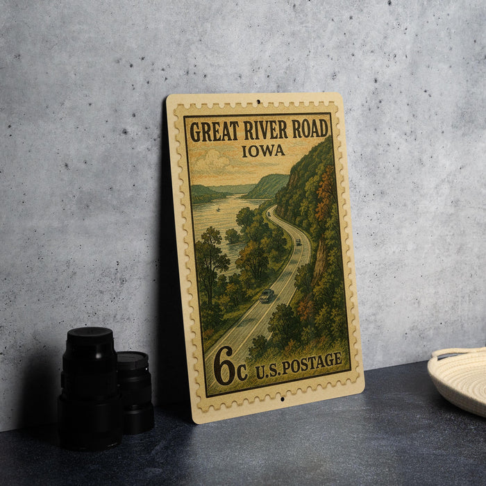 A vintage postage stamp depicting the Great River Road in Iowa, with a scenic landscape of a winding road surrounded by trees and mountains.