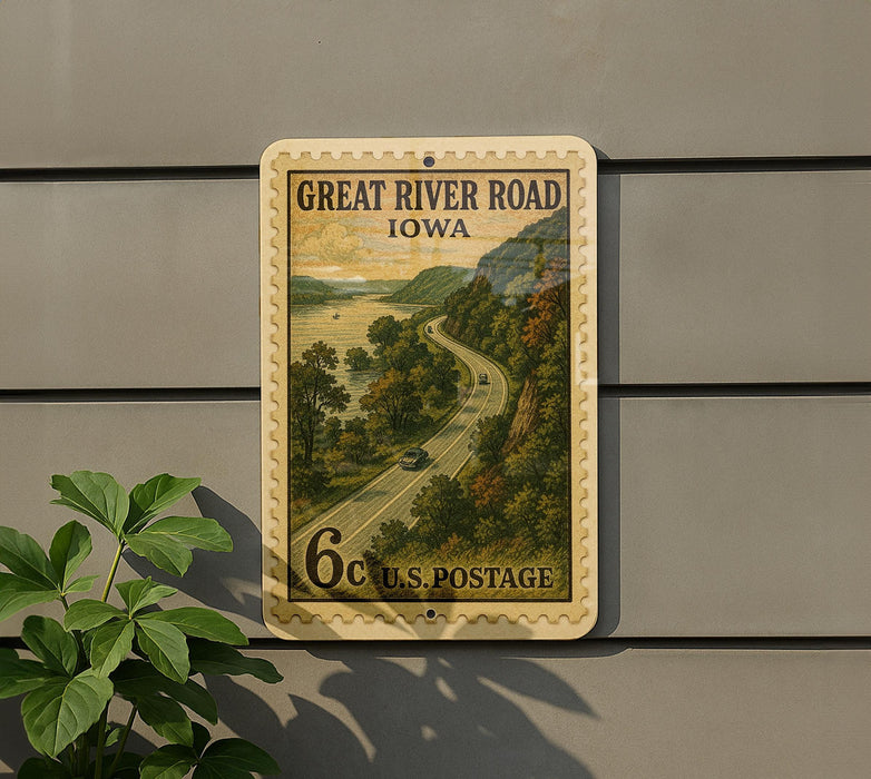 A postage stamp-like sign with a scenic road and mountains in Iowa, mounted on a wall.