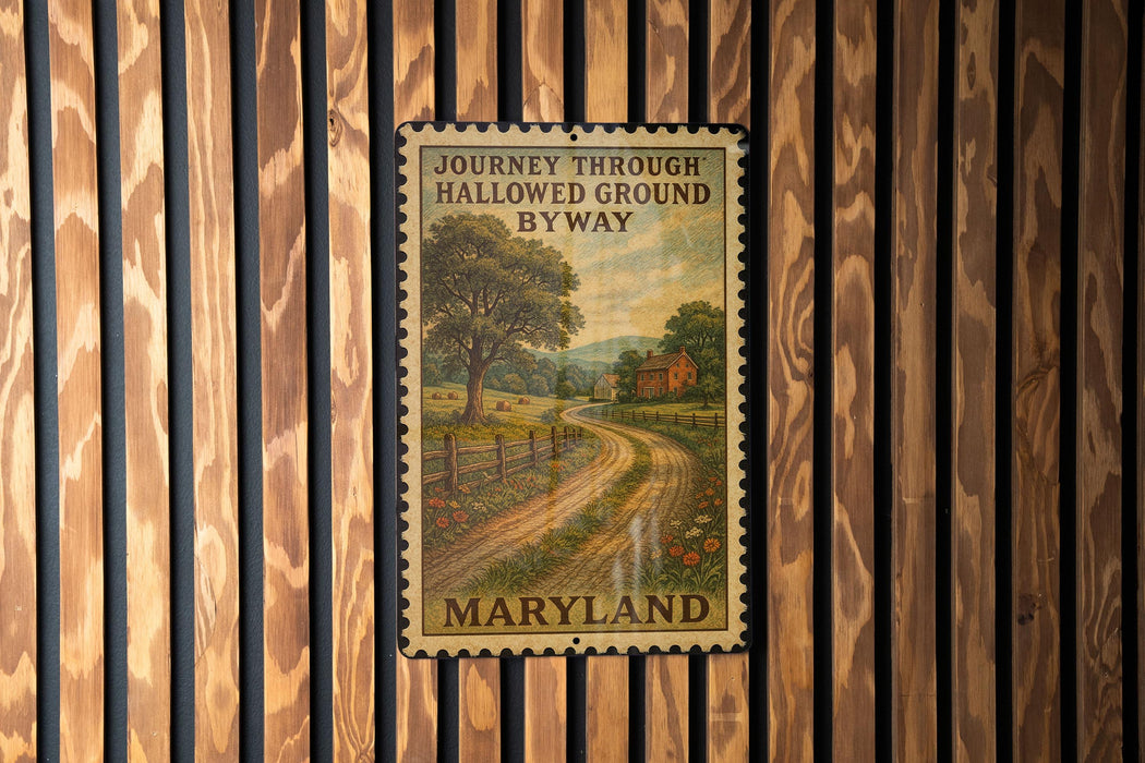 A vintage-style metal sign with a rural road and trees, mounted on a wooden wall.