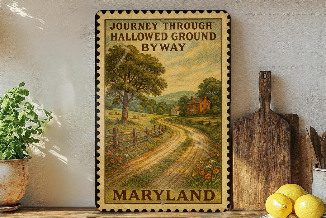 A framed poster of a rural road in Maryland, with a wooden fence and a house in the background, is displayed on a shelf next to a wooden cutting board and a potted plant.