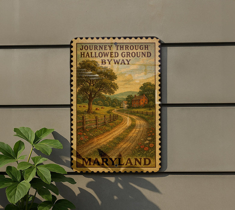 A vintage-style postage stamp depicting a rural road leading to a house, with the text "Journey through HALLOWED GROUND BY WAY" and "MARYLAND" printed on it.