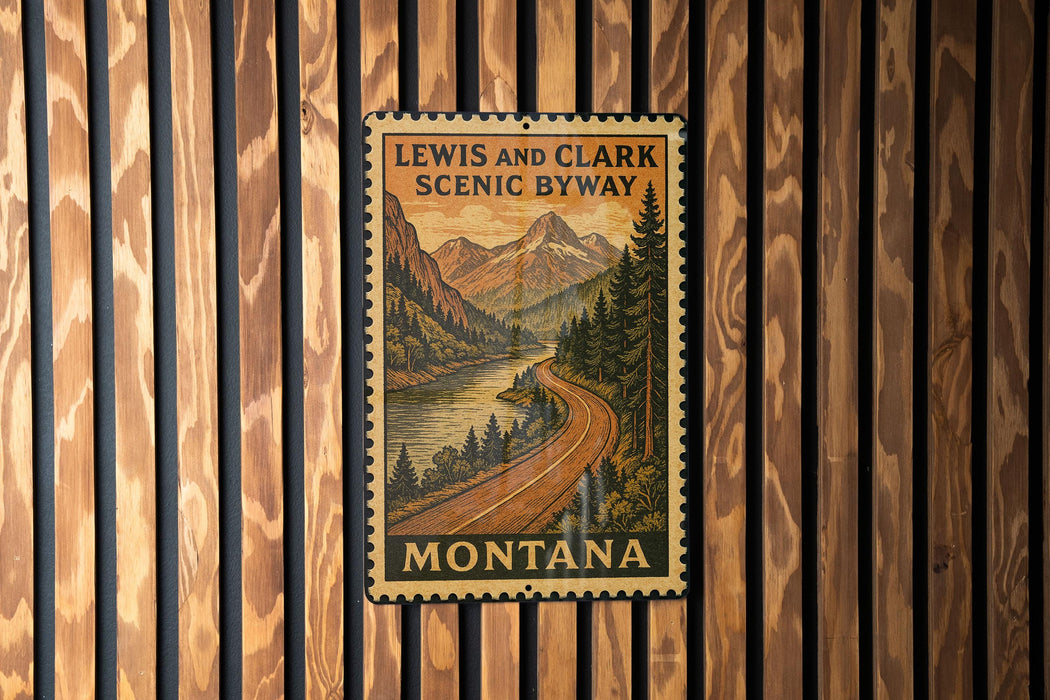 A vintage-style metal sign with a scenic mountain landscape and a winding road, mounted on a wooden wall.