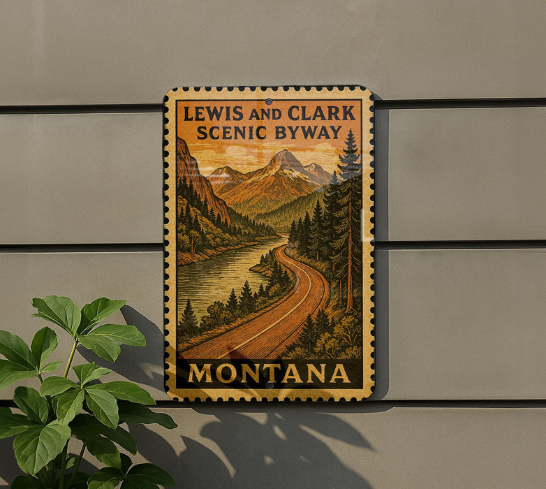 A vintage-style metal sign with a scenic mountain landscape and a winding road, mounted on a wall.