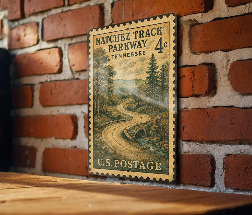 A vintage U.S. postage stamp depicting a winding road through a forest, mounted on a brick wall.