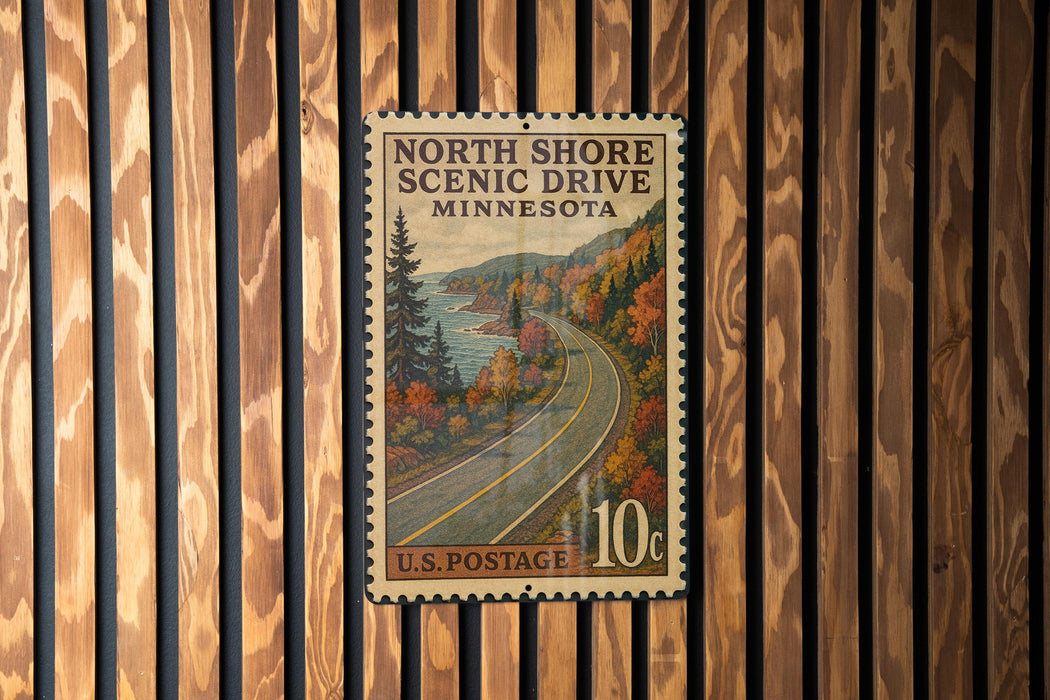 A vintage U.S. postage stamp from North Shore Scenic Drive, Minnesota, featuring a scenic road surrounded by autumn foliage.