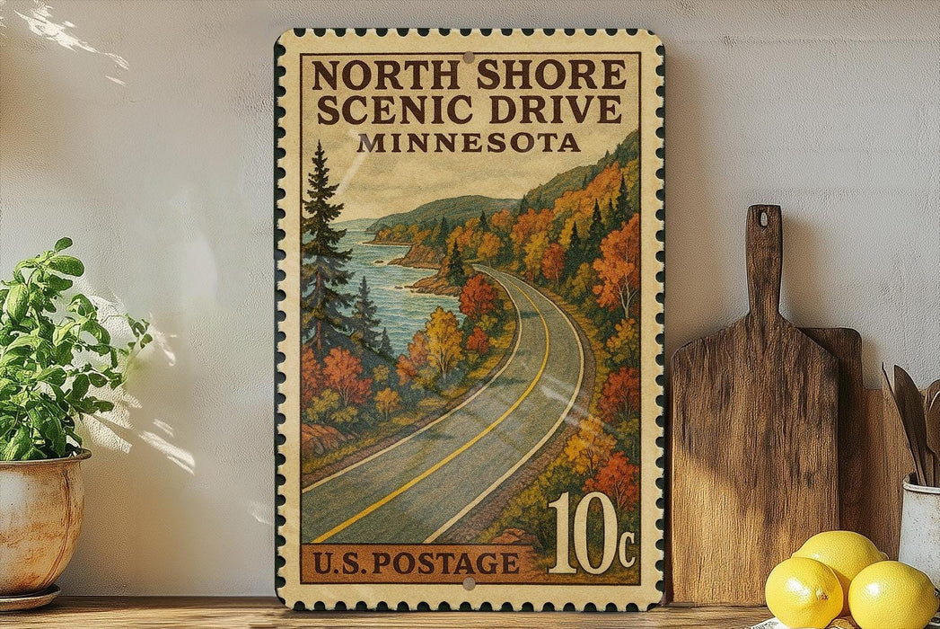 A vintage postage stamp depicting a scenic drive through North Shore, Minnesota, with a road winding through a forested area and a lake in the background.