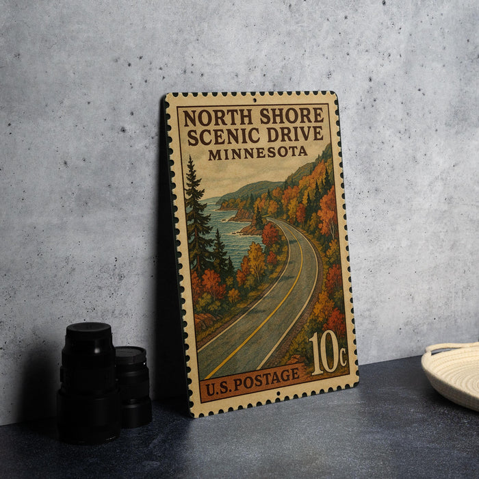 A vintage postage stamp depicting a scenic drive in Minnesota, with a road winding through a forested area and a body of water in the background.