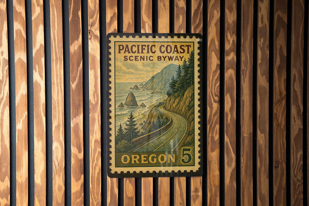 A vintage-style postage stamp from Oregon, featuring a scenic coastal landscape with mountains, trees, and a winding road.