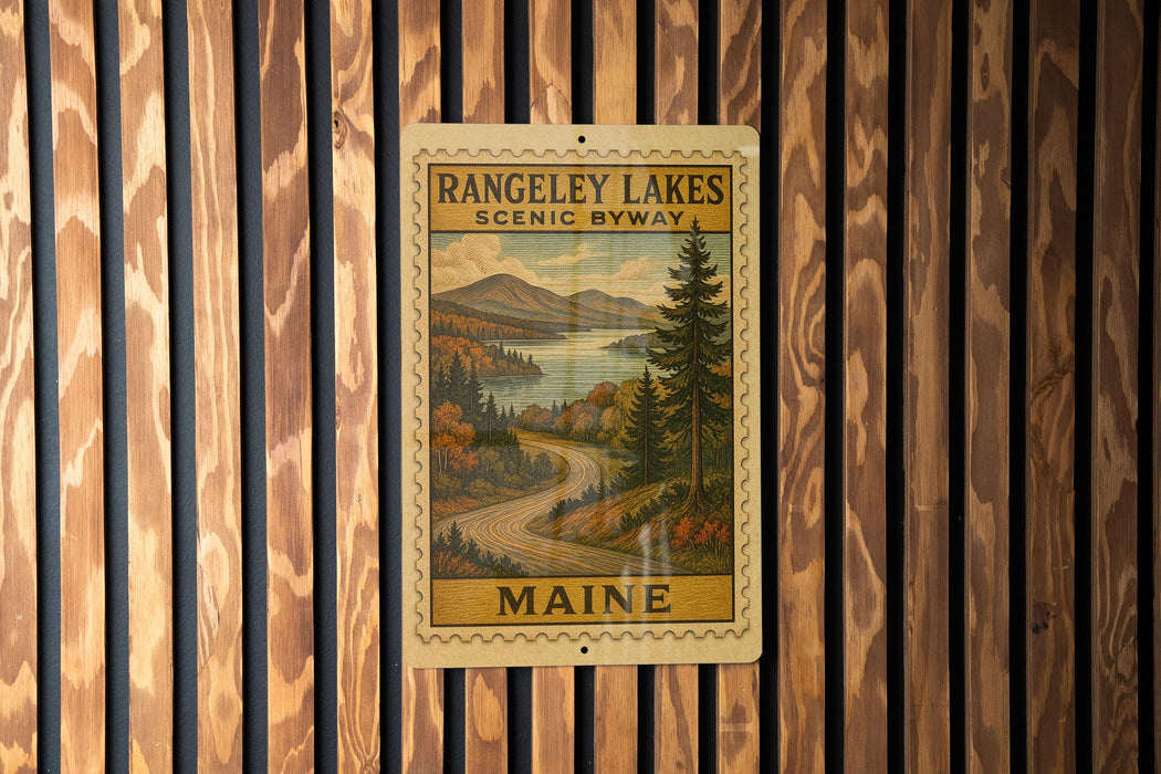 A vintage-style metal sign with a scenic landscape of mountains, trees, and a winding road, mounted on a wooden wall.