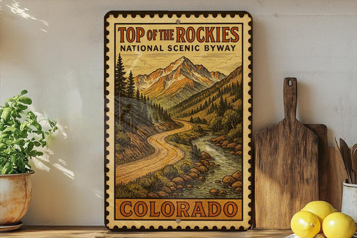 A vintage-style metal sign with a mountain landscape and a winding road, advertising "Top of the Rockies National Scenic Byway" in Colorado.