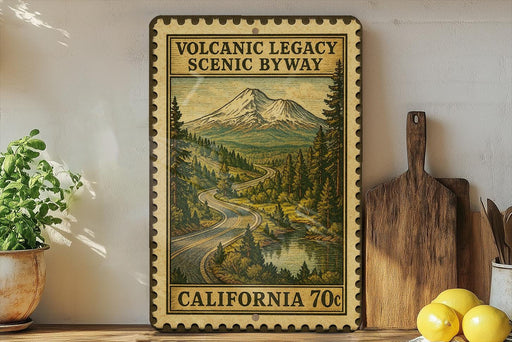 A framed vintage-style stamp depicting a scenic mountain landscape with a winding road, surrounded by pine trees and a lake, is displayed on a shelf next to a wooden cutting board and some lemons.