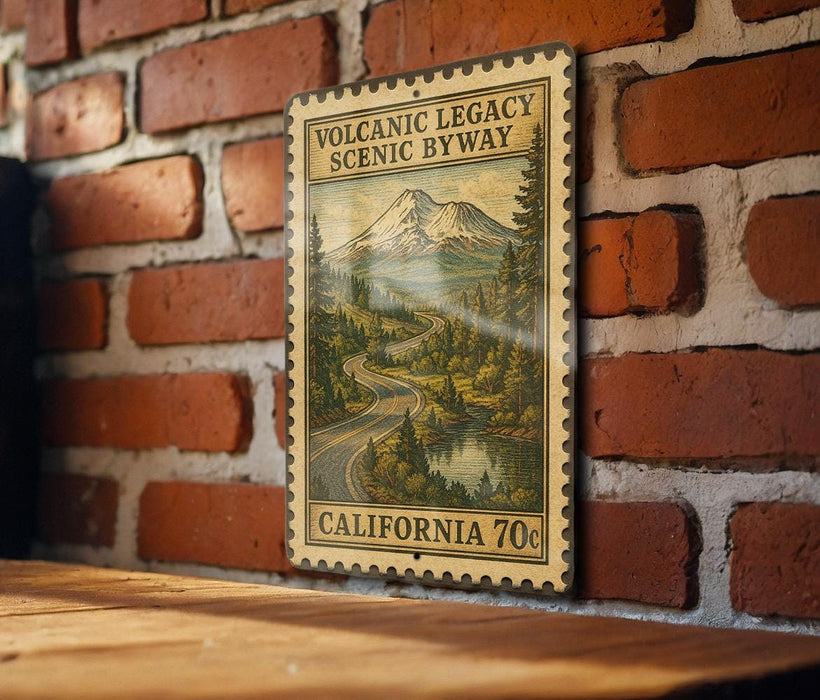 A vintage-style metal sign with a scenic mountain landscape and a winding road, mounted on a brick wall.